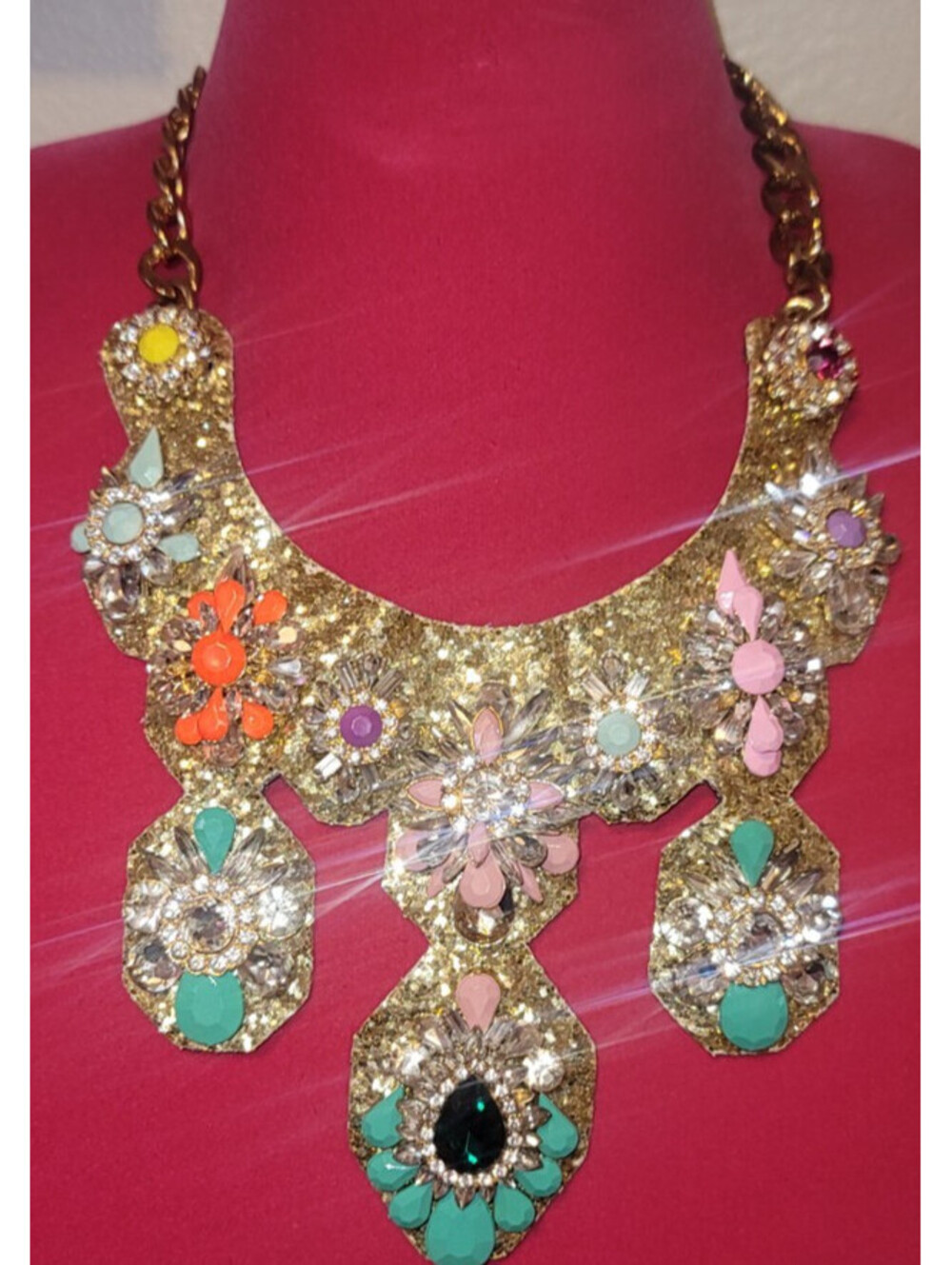 SHOUROUK GOLD GLITTER HEROINE NEON CRYSTALS & STONES BIB STATEMENT NECKLACE-RARE
